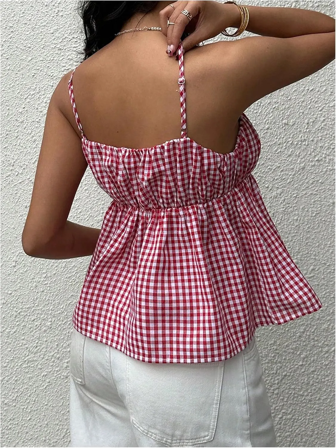 SHENHE Women's Y2k Gingham Plaid Camisole Spaghetti Strap Babydoll Tank Top Peplum Cami