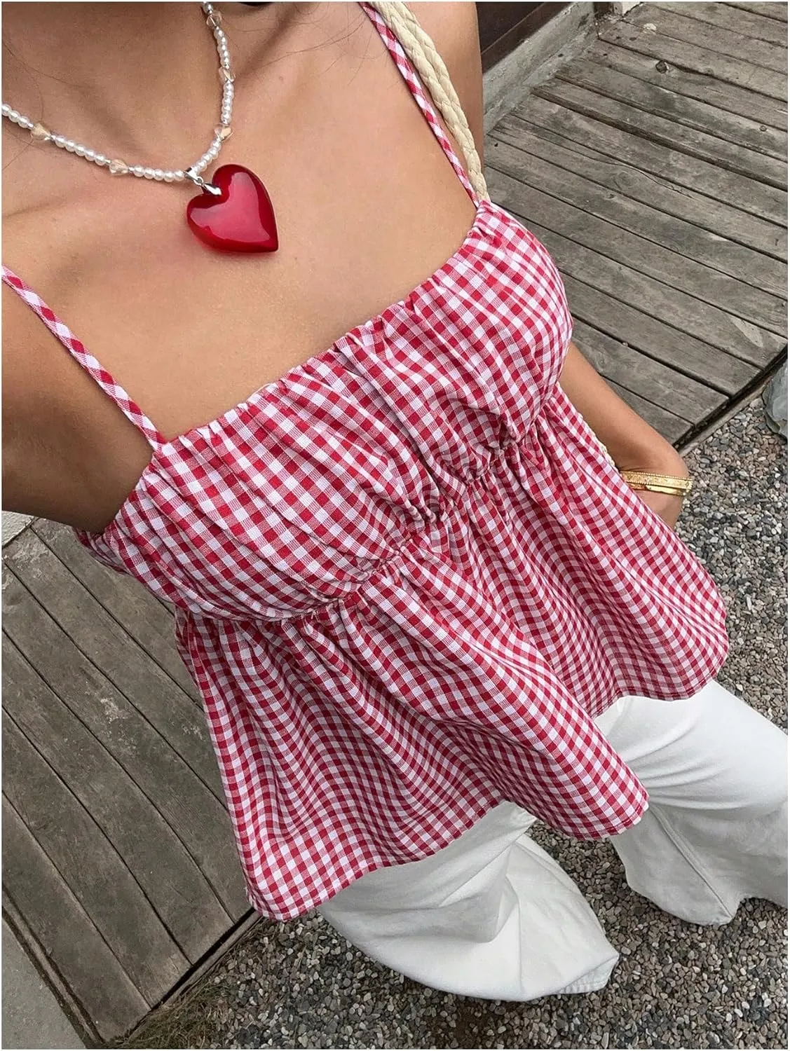 SHENHE Women's Y2k Gingham Plaid Camisole Spaghetti Strap Babydoll Tank Top Peplum Cami