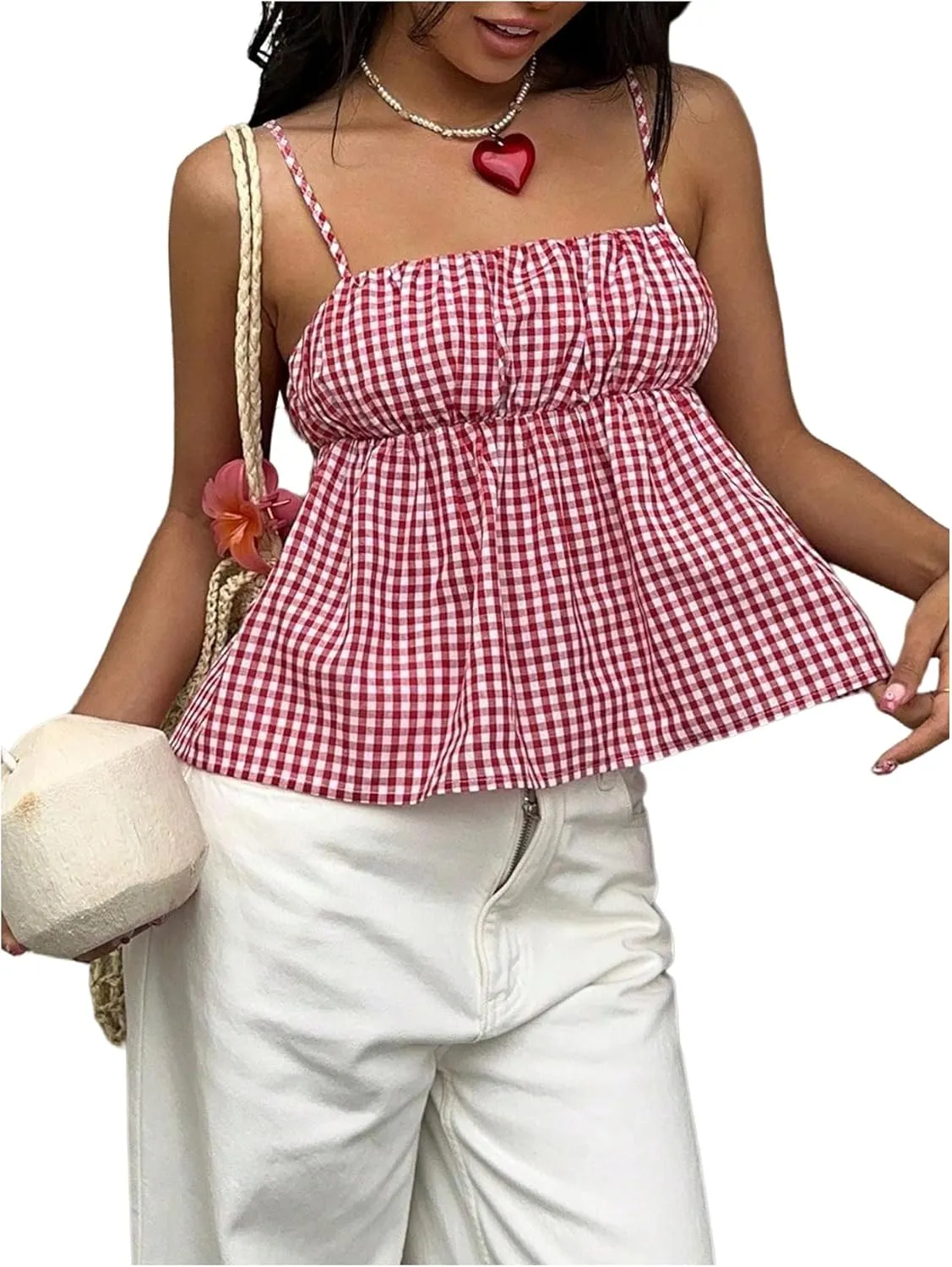 SHENHE Women's Y2k Gingham Plaid Camisole Spaghetti Strap Babydoll Tank Top Peplum Cami