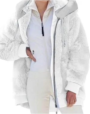 Sherpa Jacket for Women Winter Long Sleeve Full Zip Up Hoodies Oversized Fuzzy Fleece Teddy Coats Outerwear White