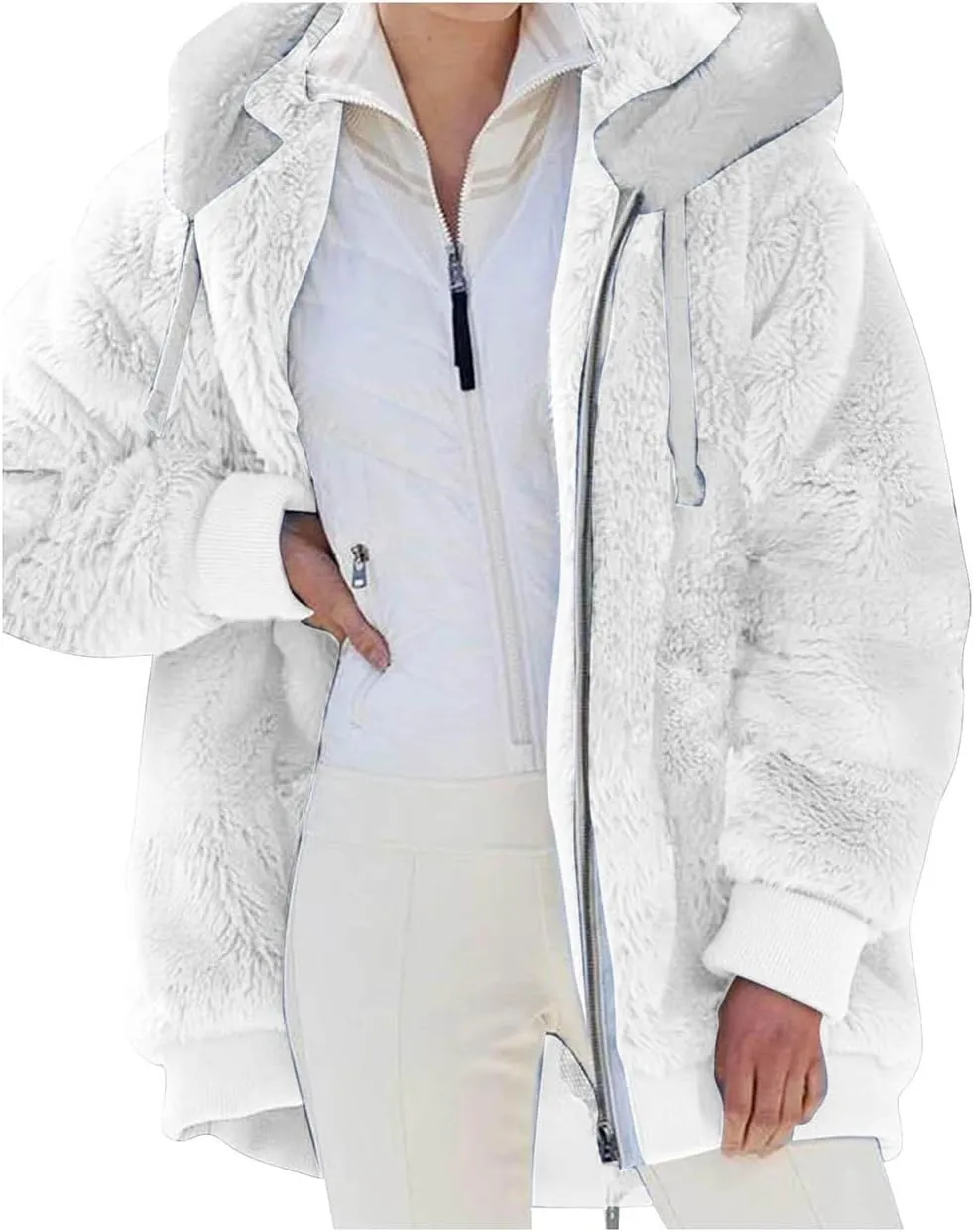 Sherpa Jacket for Women Winter Long Sleeve Full Zip Up Hoodies Oversized Fuzzy Fleece Teddy Coats Outerwear White