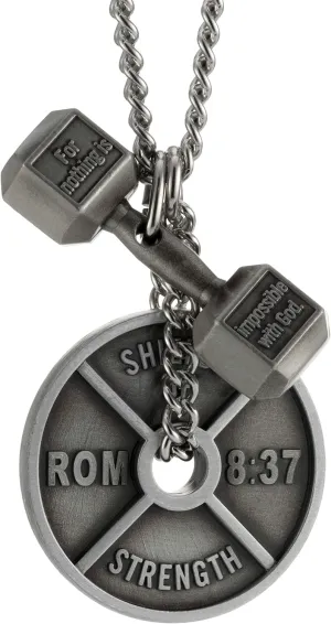 Shields of Strength Mens Fitness Gym Necklace  Weight Plate & Dumbbell Pendant Combo with Romans 8:37 & Luke 1:37 Bible Verses  Christian Jewelry for Weightlifters Athletes CrossFit Curb Chain