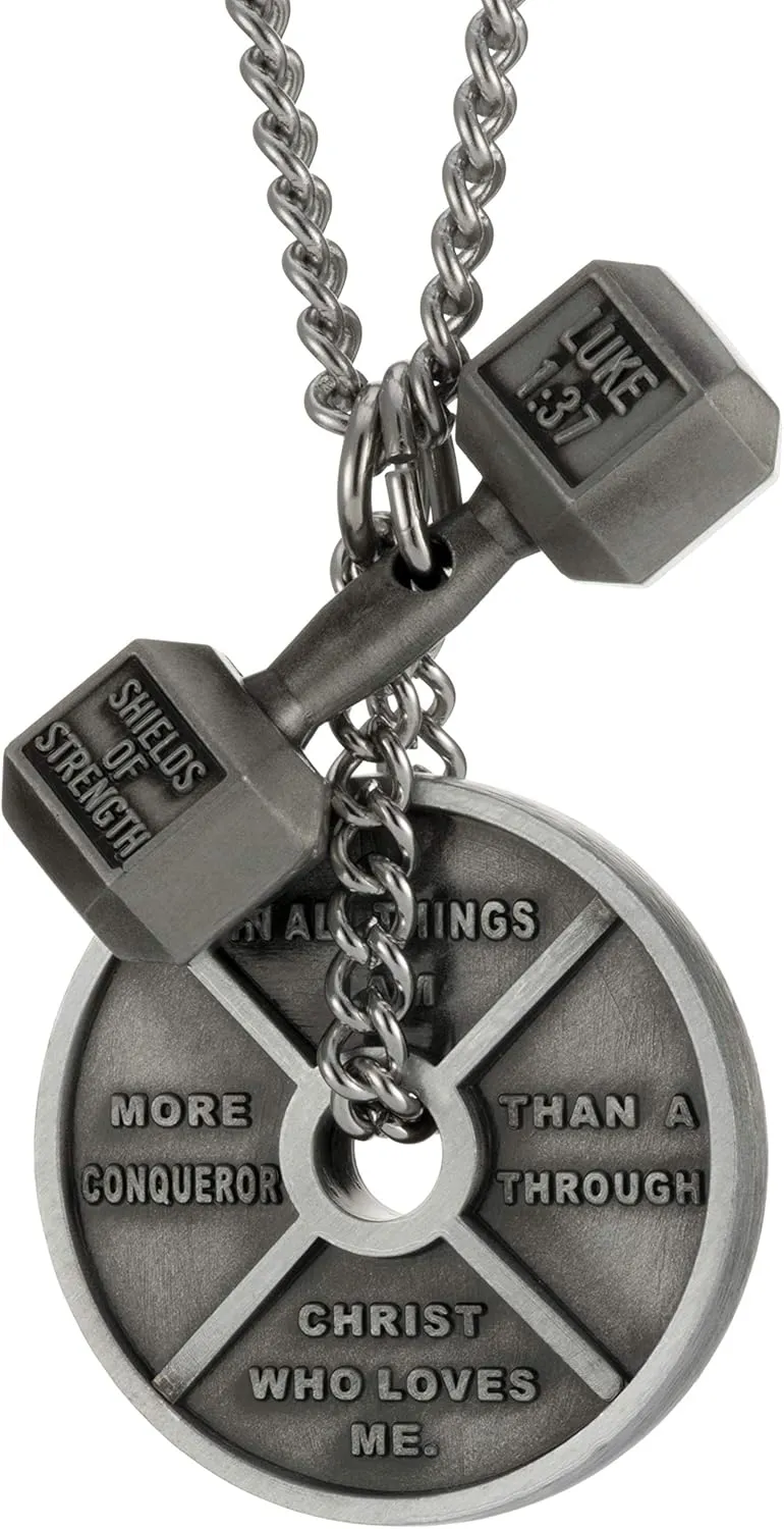 Shields of Strength Mens Fitness Gym Necklace  Weight Plate & Dumbbell Pendant Combo with Romans 8:37 & Luke 1:37 Bible Verses  Christian Jewelry for Weightlifters Athletes CrossFit Curb Chain
