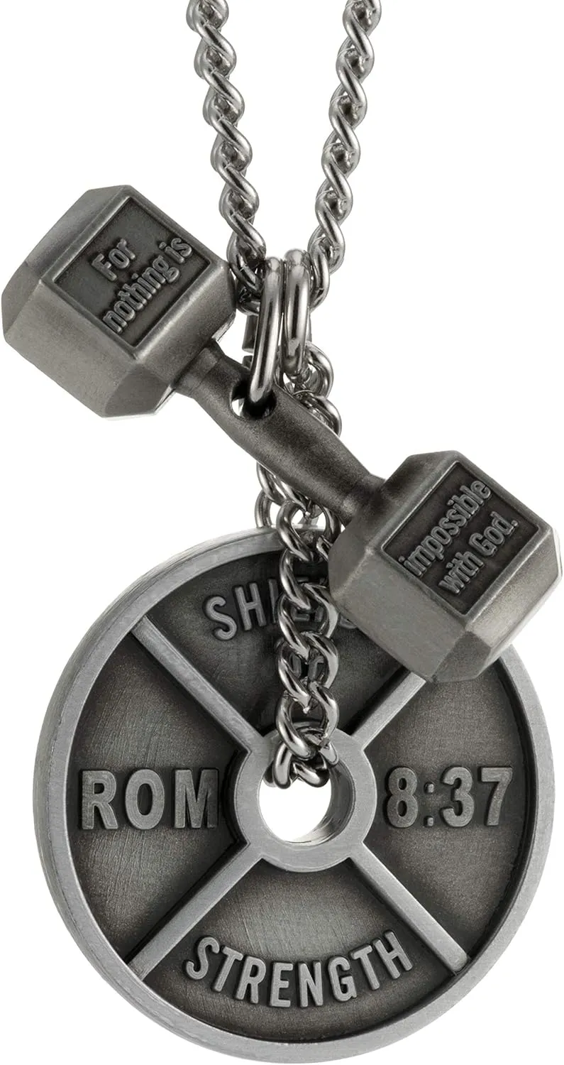 Shields of Strength Mens Fitness Gym Necklace  Weight Plate & Dumbbell Pendant Combo with Romans 8:37 & Luke 1:37 Bible Verses  Christian Jewelry for Weightlifters Athletes CrossFit Curb Chain