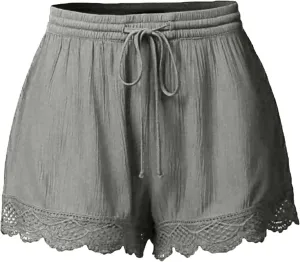 Shorts for Women Trendy High Waisted Flowy Dress Shorts with Drawstring Lightweight Lace Patchwork Short Pants