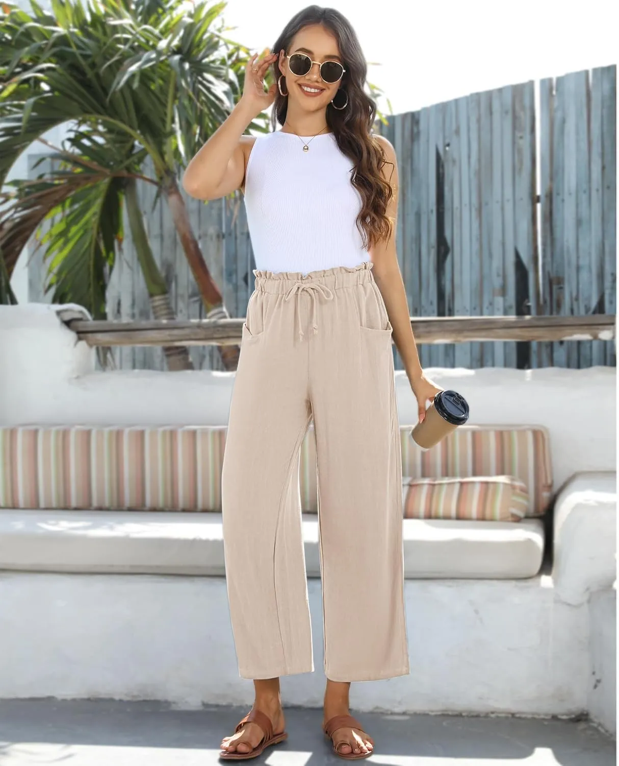 siliteelon Wide Leg Linen Pants for Women Summer Capri Palazzo Flowy Pants Casual Loose High Waist Trousers with Pockets