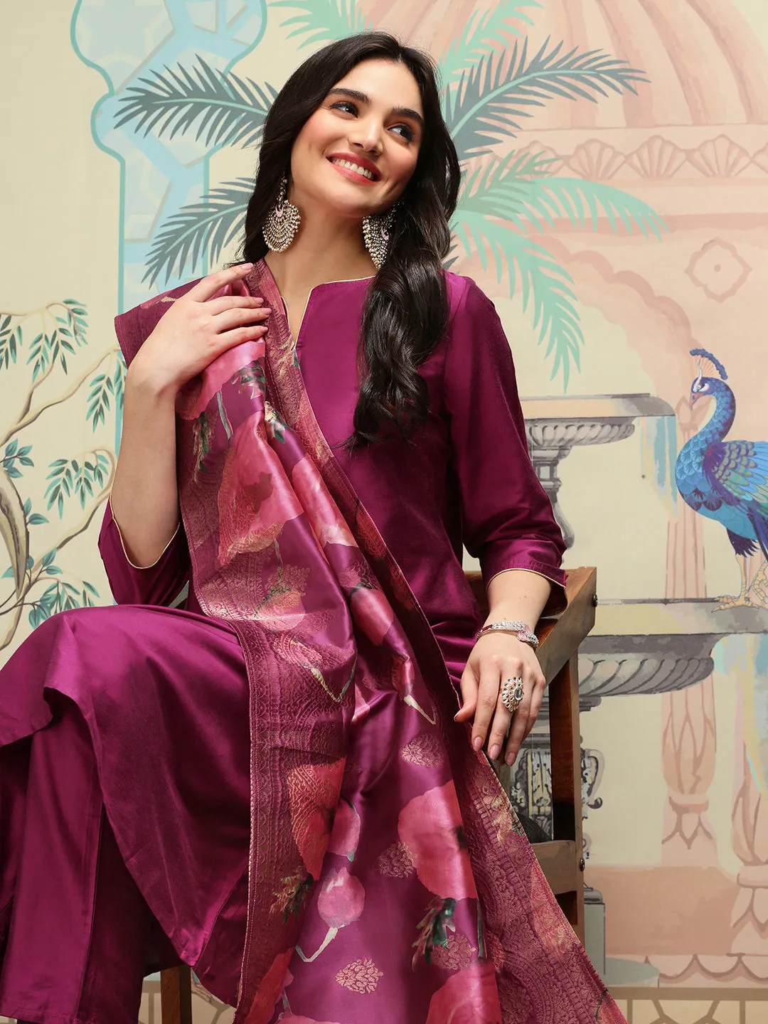 Silk Crepe Purple Kurta Set with Straight Bottom and Flowy Silk Crepe Floral Printed Dupatta
