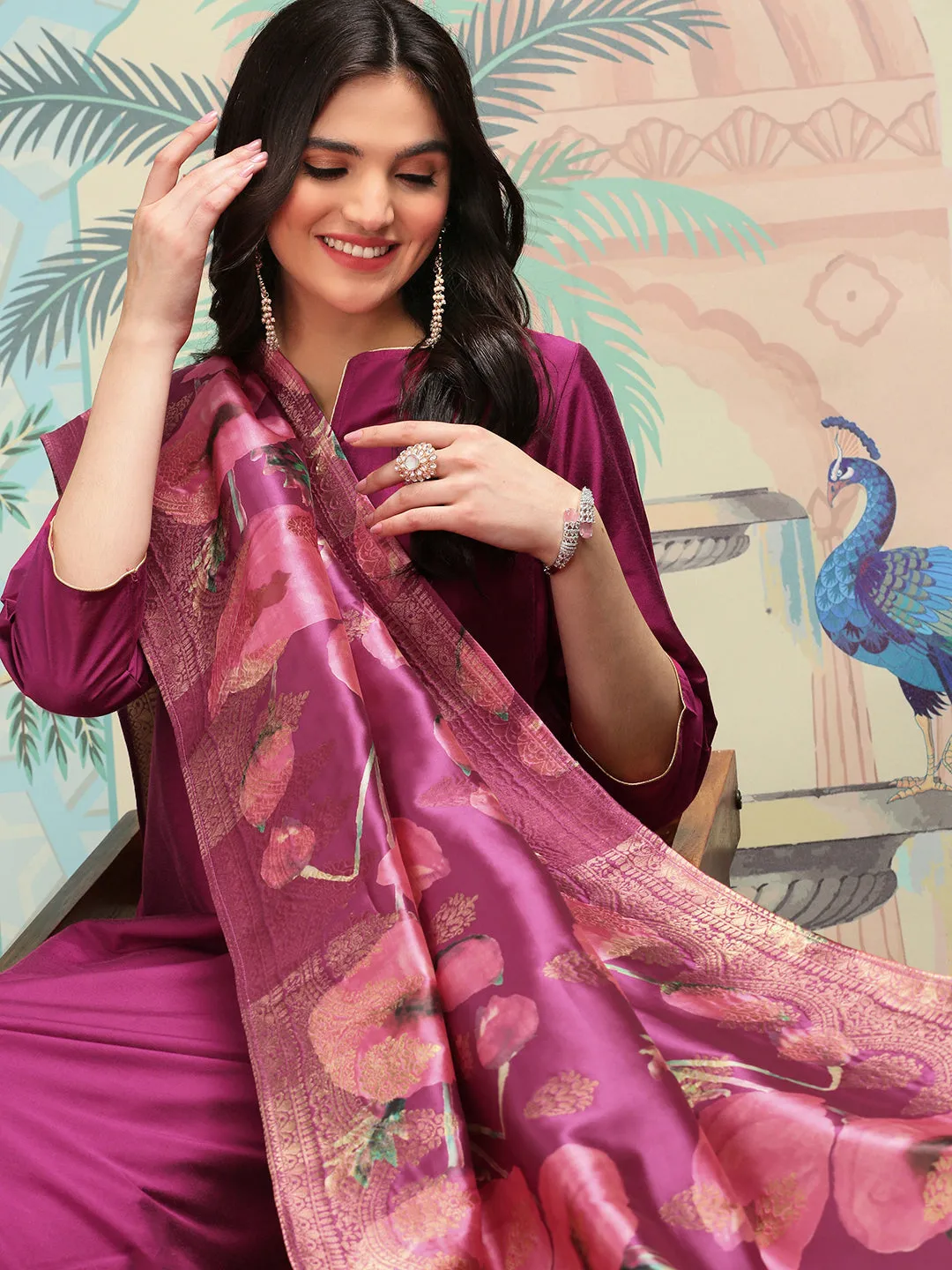 Silk Crepe Purple Kurta Set with Straight Bottom and Flowy Silk Crepe Floral Printed Dupatta