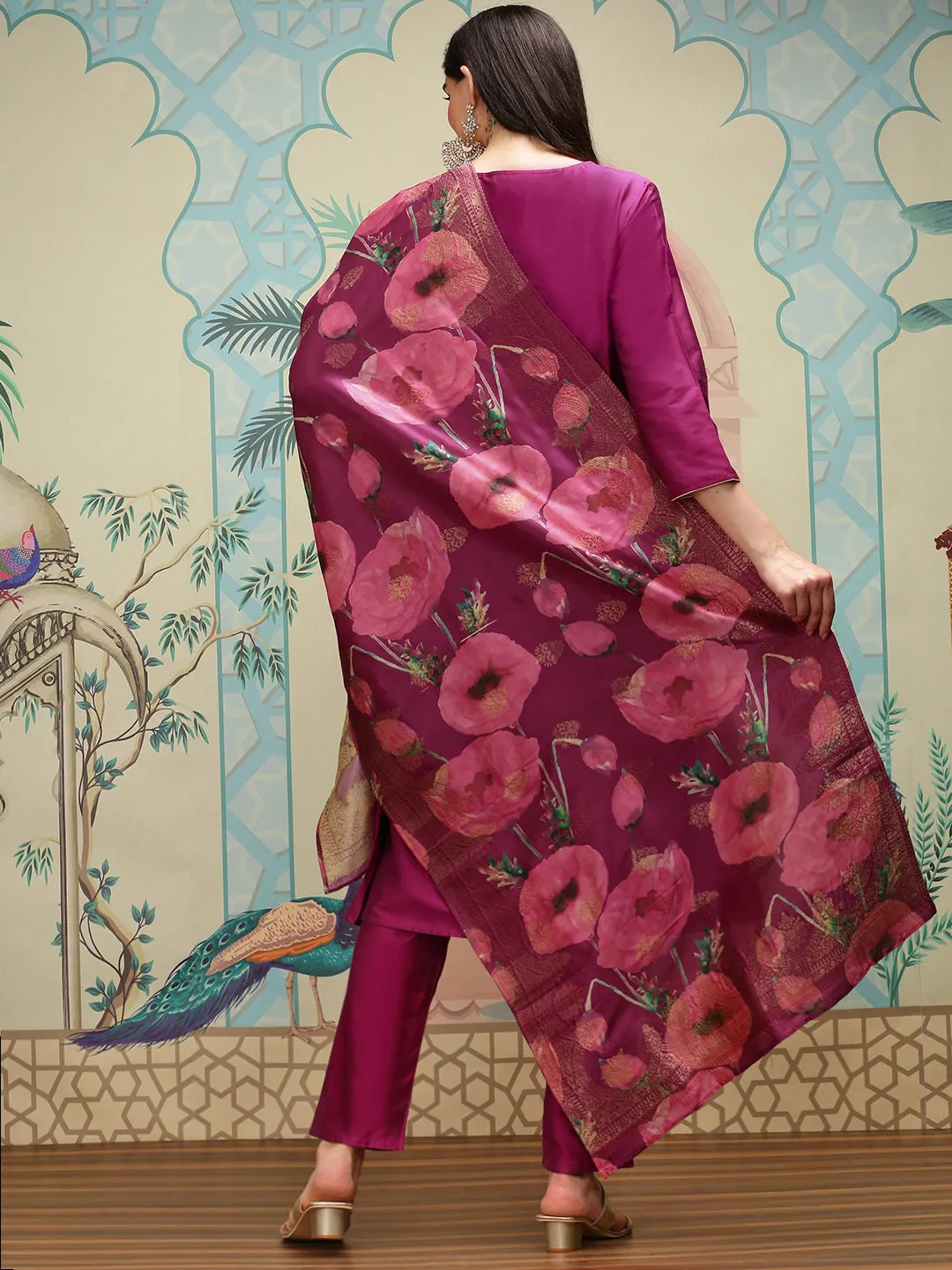 Silk Crepe Purple Kurta Set with Straight Bottom and Flowy Silk Crepe Floral Printed Dupatta