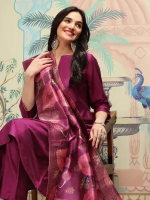 Silk Crepe Purple Kurta Set with Straight Bottom and Flowy Silk Crepe Floral Printed Dupatta