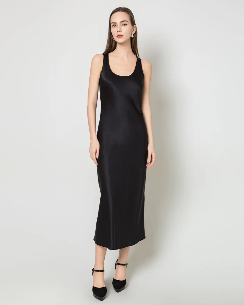 Silk Round Neck Cinched Waist Long Dress