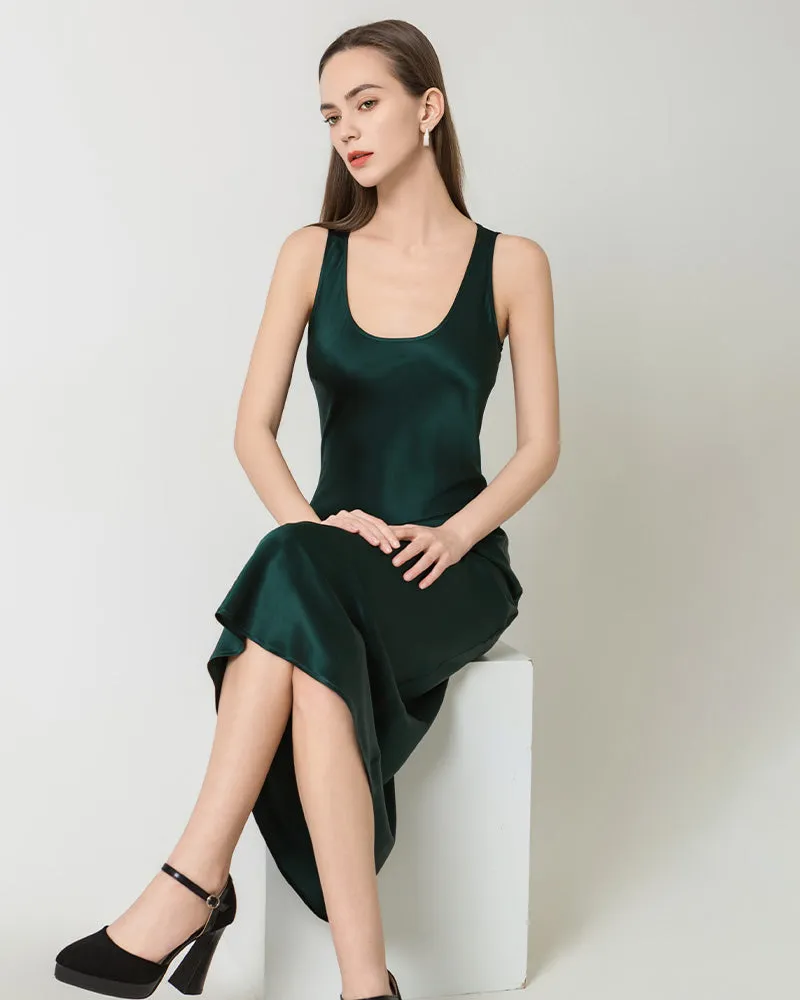 Silk Round Neck Cinched Waist Long Dress