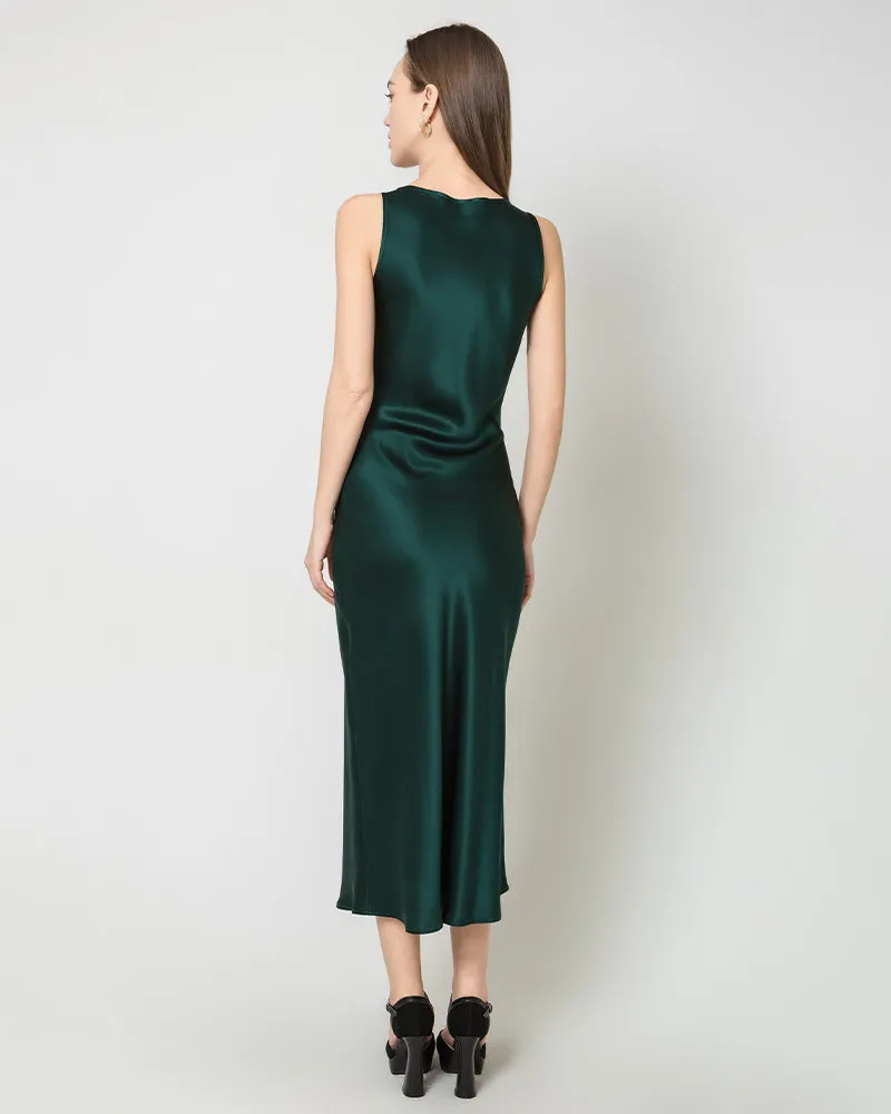 Silk Round Neck Cinched Waist Long Dress