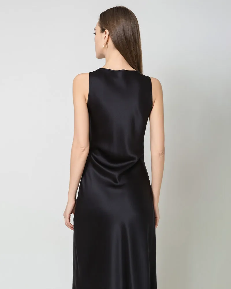 Silk Round Neck Cinched Waist Long Dress