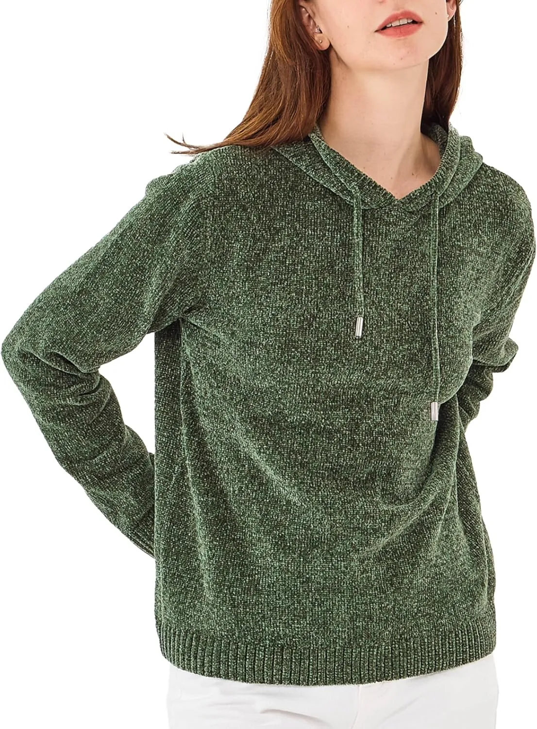 Simple&Opulence Women's Chenille Sweater Drawstring Hooded Long Sleeve Pullover Ribbed Cuff Hem Jumper Tops