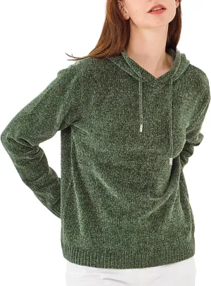 Simple&Opulence Women's Chenille Sweater Drawstring Hooded Long Sleeve Pullover Ribbed Cuff Hem Jumper Tops