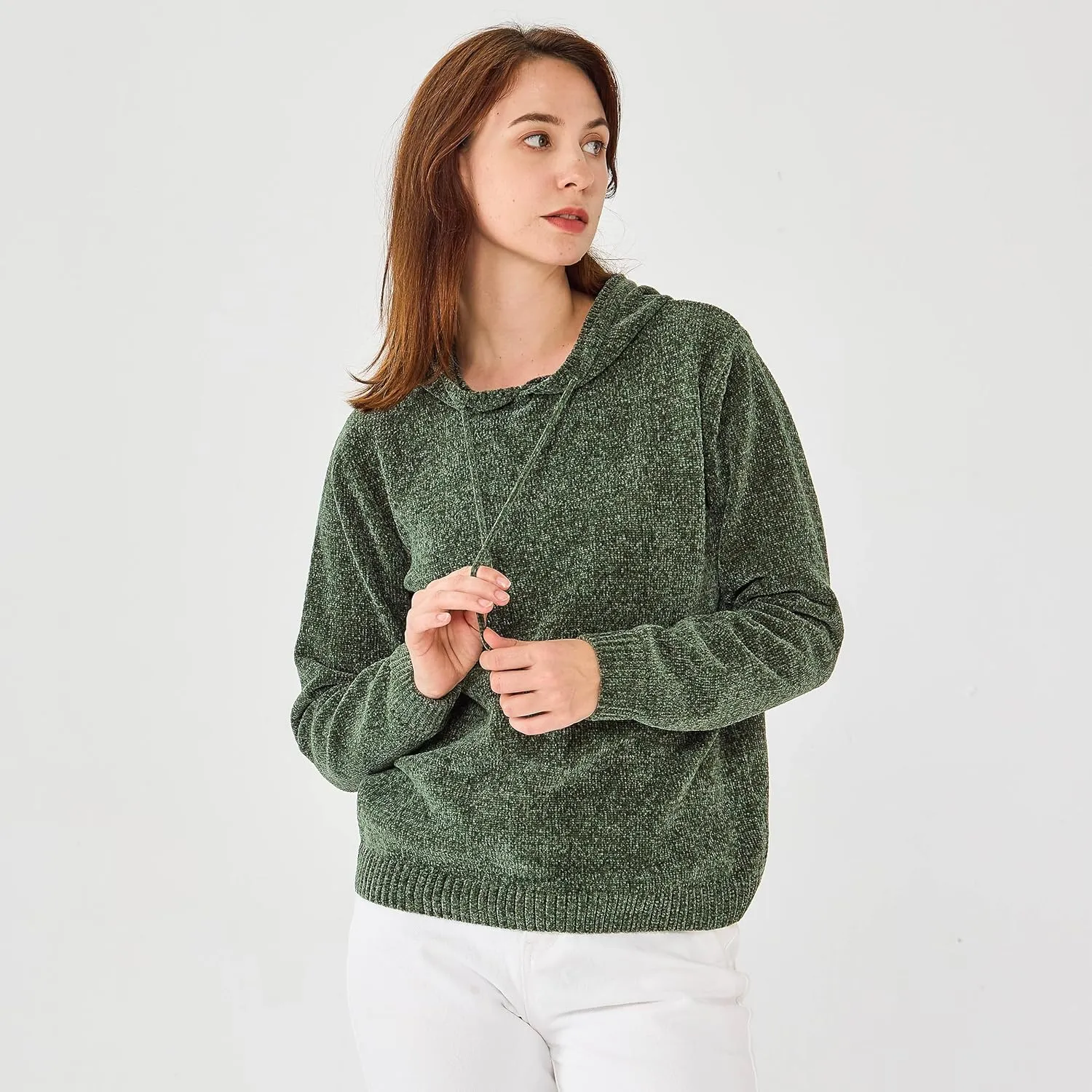 Simple&Opulence Women's Chenille Sweater Drawstring Hooded Long Sleeve Pullover Ribbed Cuff Hem Jumper Tops