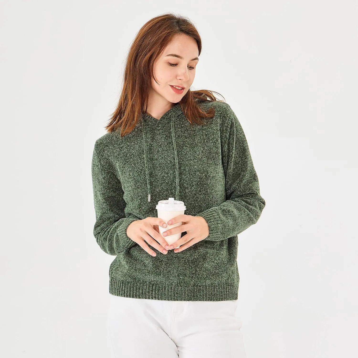 Simple&Opulence Women's Chenille Sweater Drawstring Hooded Long Sleeve Pullover Ribbed Cuff Hem Jumper Tops