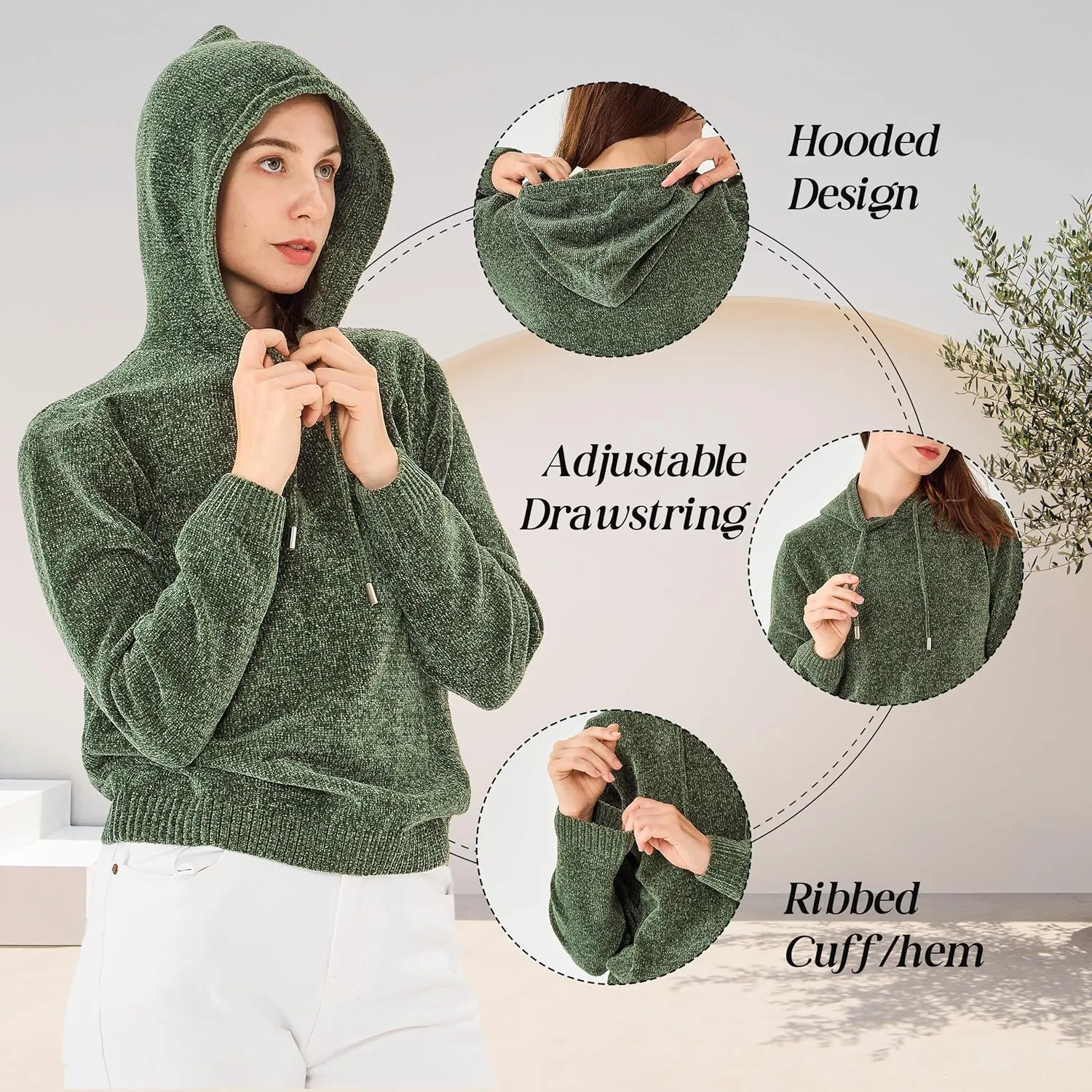 Simple&Opulence Women's Chenille Sweater Drawstring Hooded Long Sleeve Pullover Ribbed Cuff Hem Jumper Tops