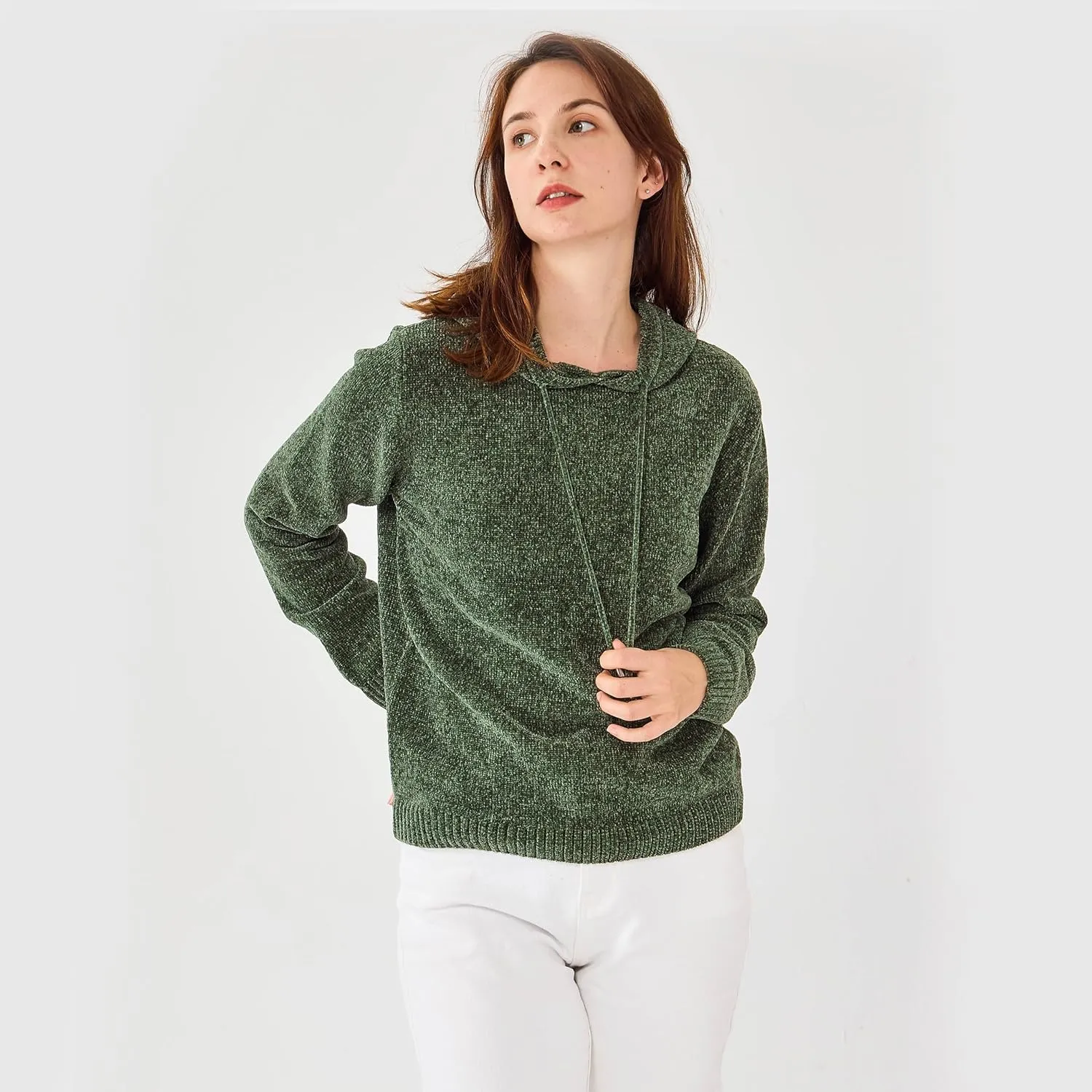 Simple&Opulence Women's Chenille Sweater Drawstring Hooded Long Sleeve Pullover Ribbed Cuff Hem Jumper Tops