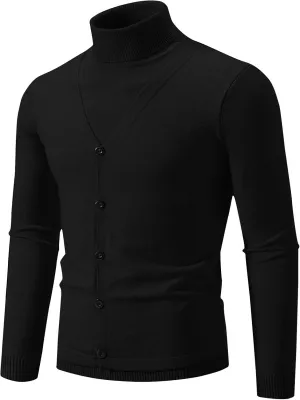 Sinzelimin Men Turtleneck Sweaters Winter Fashion Solid Button Design Long Sleeves Knitwear Sweater Fall Ribbed Knit Pullover