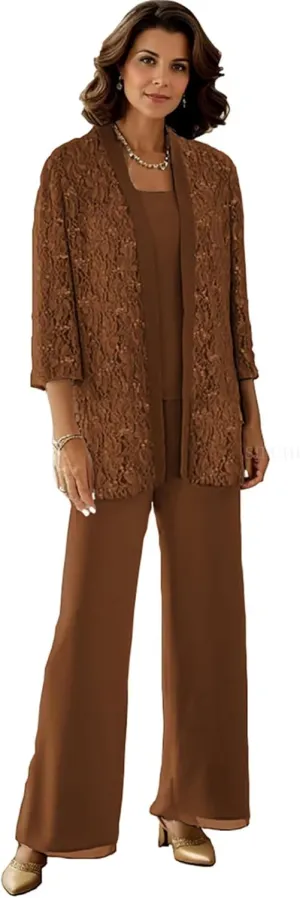SIPUHK 3 Piece Mother of The Bride Pantsuits with Jackets Lace Sequin Long Sleeve Sparkly Formal Pant Suits for Women Dressy