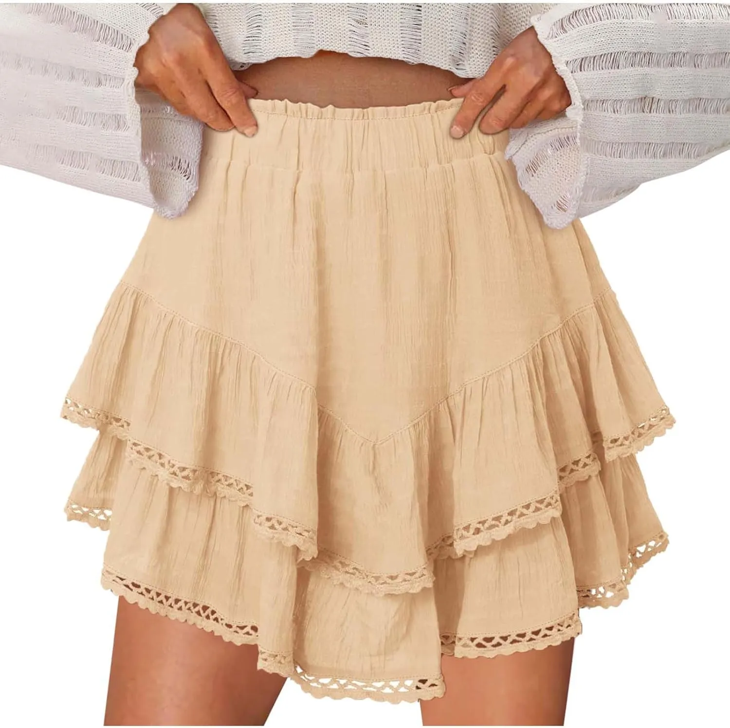 Skorts for Women Dressy Casual Ruffle Tiered Athletic Shorts Elastic High Waist Mini Skirts Cute Boho Beach Outfits
