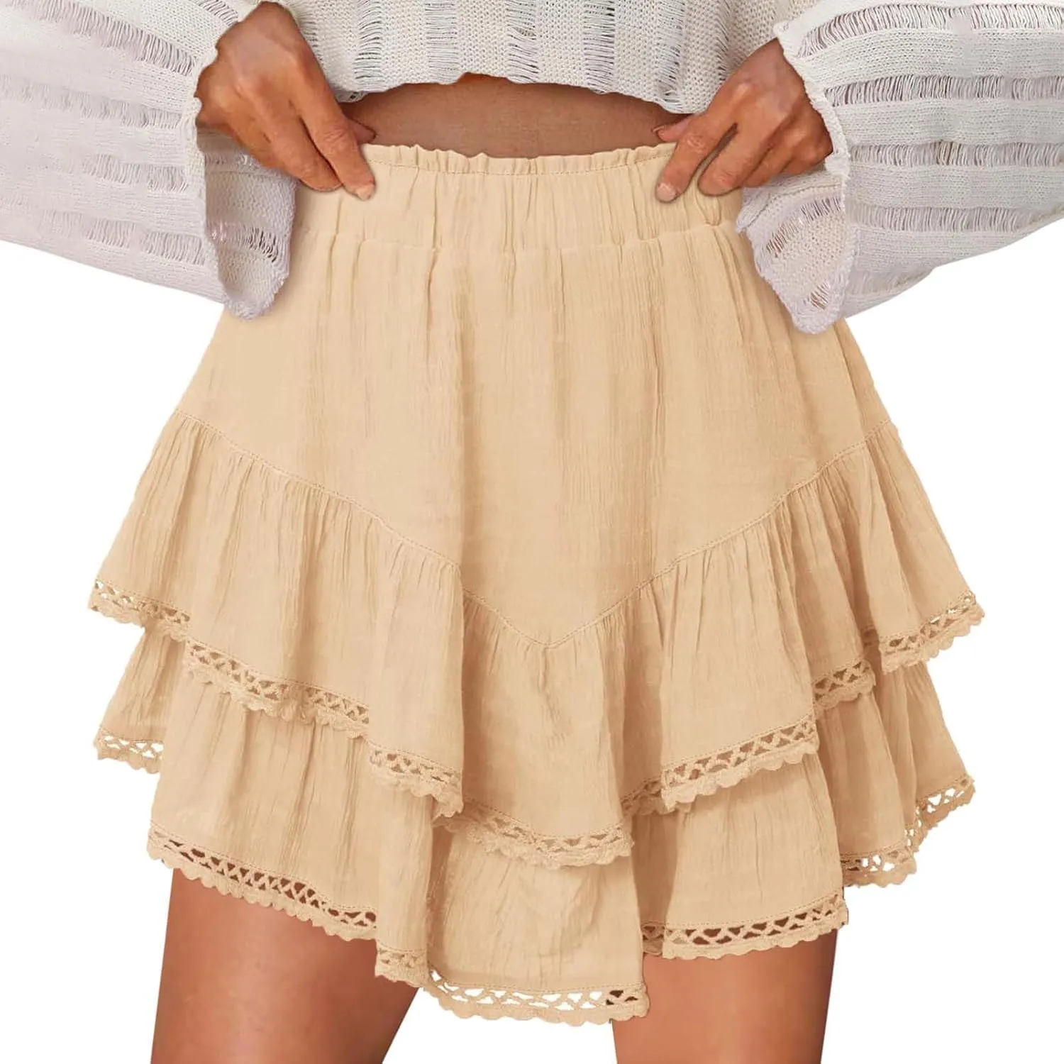 Skorts for Women Dressy Casual Ruffle Tiered Athletic Shorts Elastic High Waist Mini Skirts Cute Boho Beach Outfits