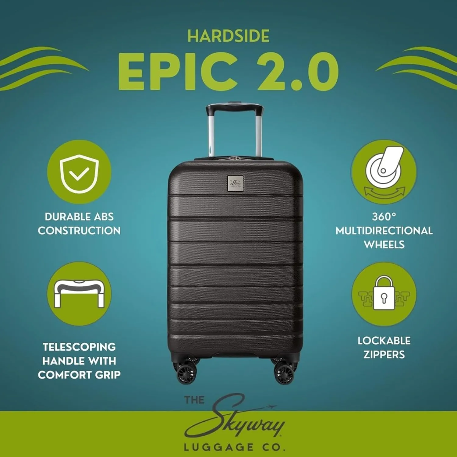 Skyway Epic 2.0 Hardside Lightweight and Durable ABS Shell Luggage, Spacious with Dual Spinning Wheels, Comfort Grip, Men and Women, Carry-on, 20-inch, Midnight