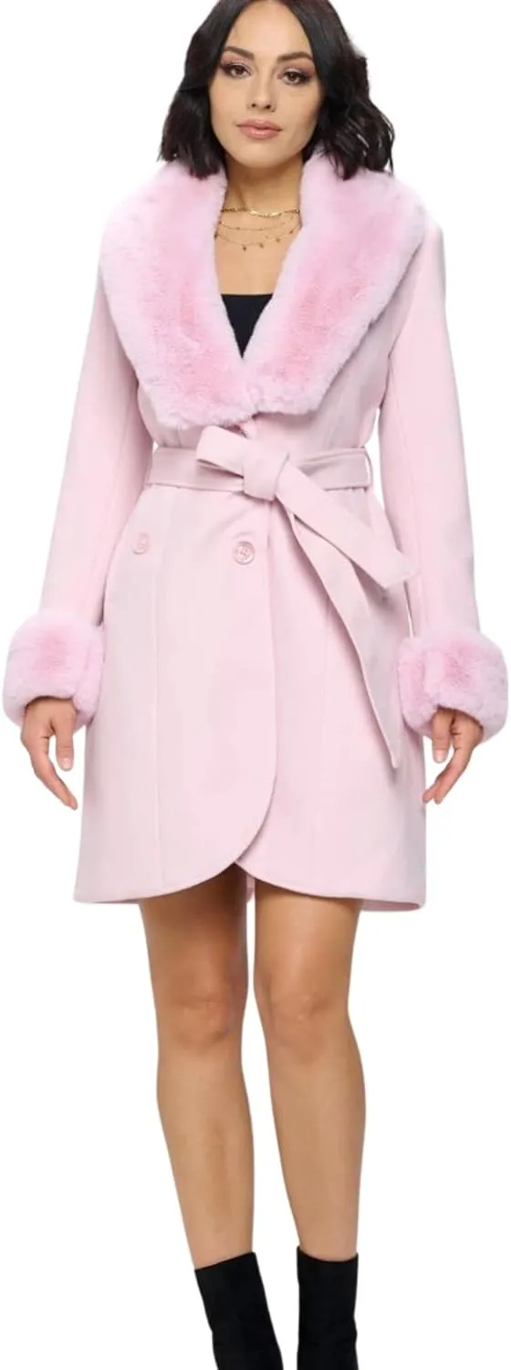 Soft Pink Vegan Wool Trench Coat with Belt Overlay.