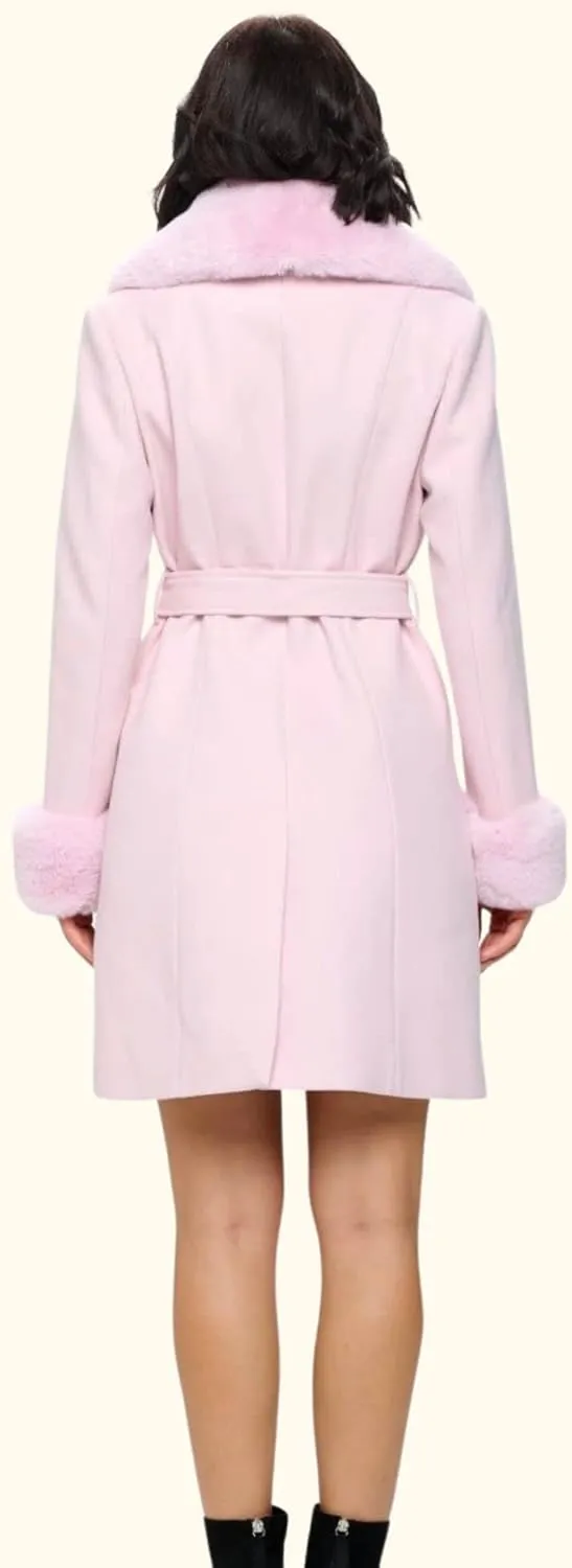 Soft Pink Vegan Wool Trench Coat with Belt Overlay.
