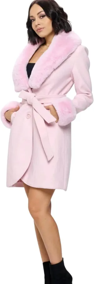 Soft Pink Vegan Wool Trench Coat with Belt Overlay.