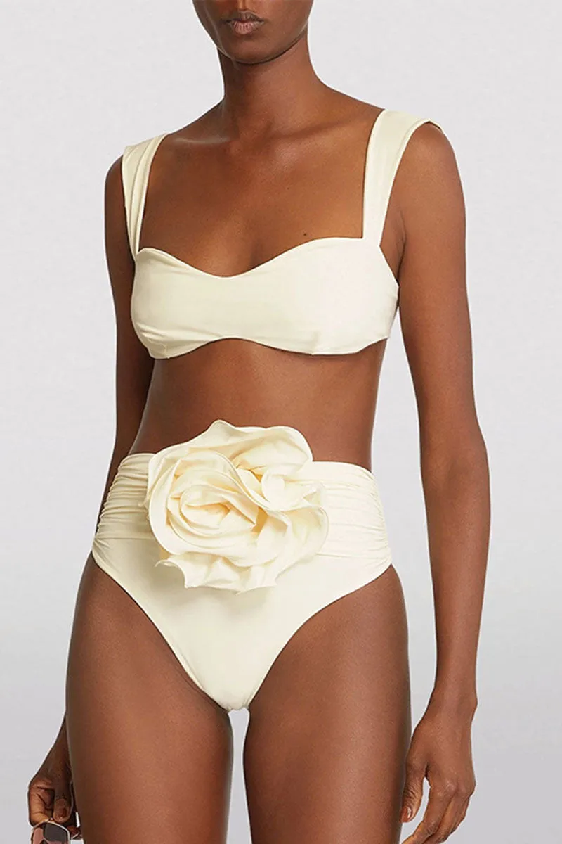 Solid Color Chic 3D Flower Decor Bikini