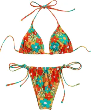 SOLY HUX Women's Floral Print 2 Piece Swimsuits Bikini Set Halter Triangle Swimwear Sexy Bathing Suit