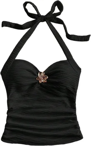 SOLY HUX Women's V Neck Halter Tops Open Back Y2k Ruched Floral Metal Summer Going Out Cami Tops
