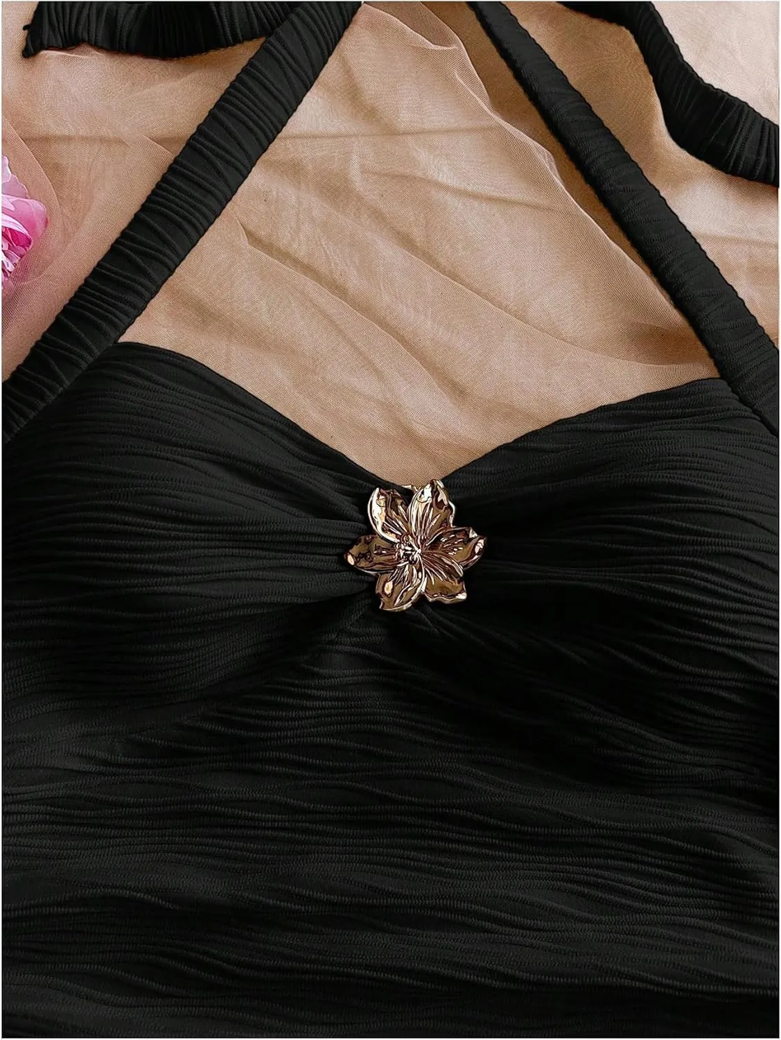 SOLY HUX Women's V Neck Halter Tops Open Back Y2k Ruched Floral Metal Summer Going Out Cami Tops