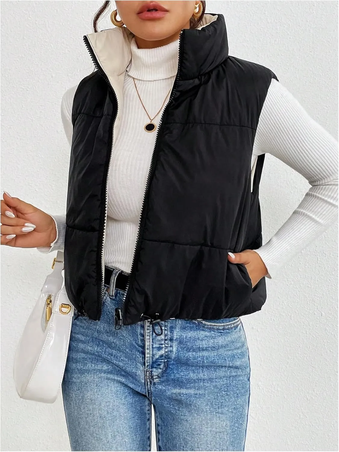 SOLY HUX Women's Zip Up Reversible Puffer Vest Jacket Mock Neck Sleeveless Padded Coat Winter Warm Outerwear