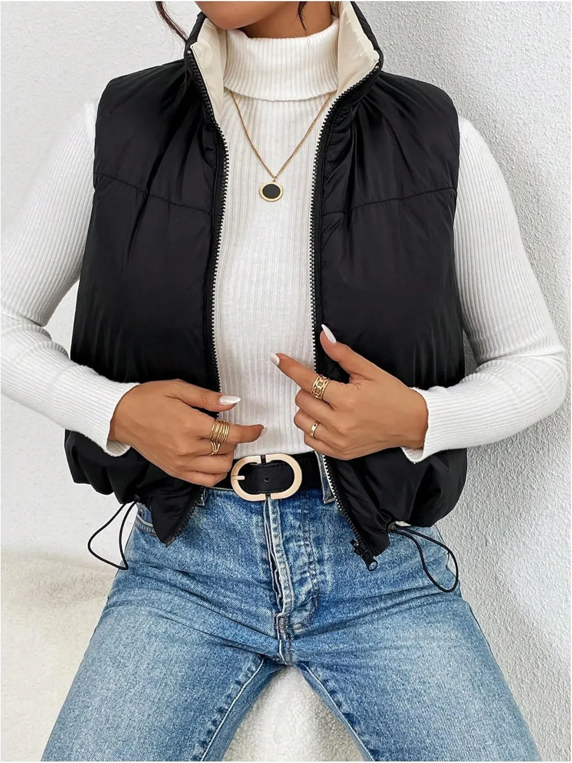SOLY HUX Women's Zip Up Reversible Puffer Vest Jacket Mock Neck Sleeveless Padded Coat Winter Warm Outerwear