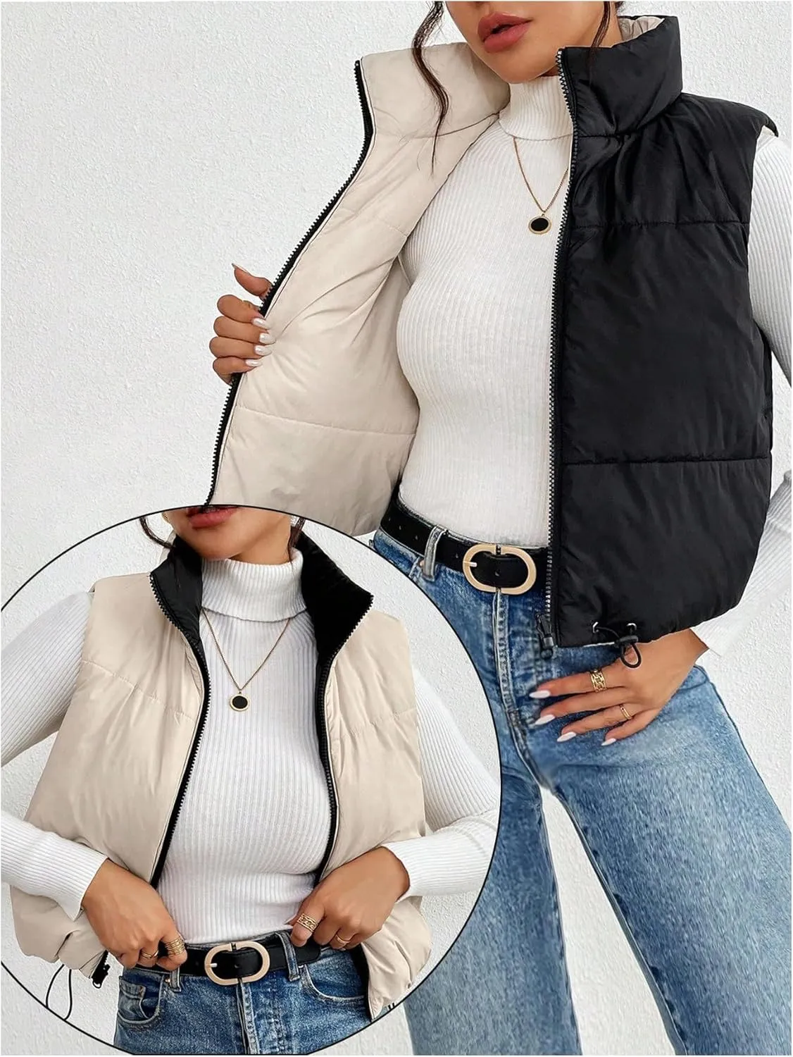 SOLY HUX Women's Zip Up Reversible Puffer Vest Jacket Mock Neck Sleeveless Padded Coat Winter Warm Outerwear