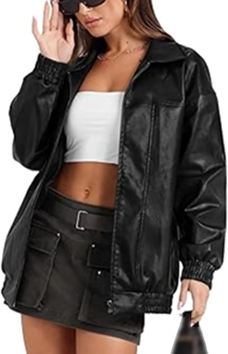 SOMTHRON Women's Oversized Leather Jackets Faux Casual Zip Up Fall Motorcycle Bomber Outfits Winter Fashion Clothes