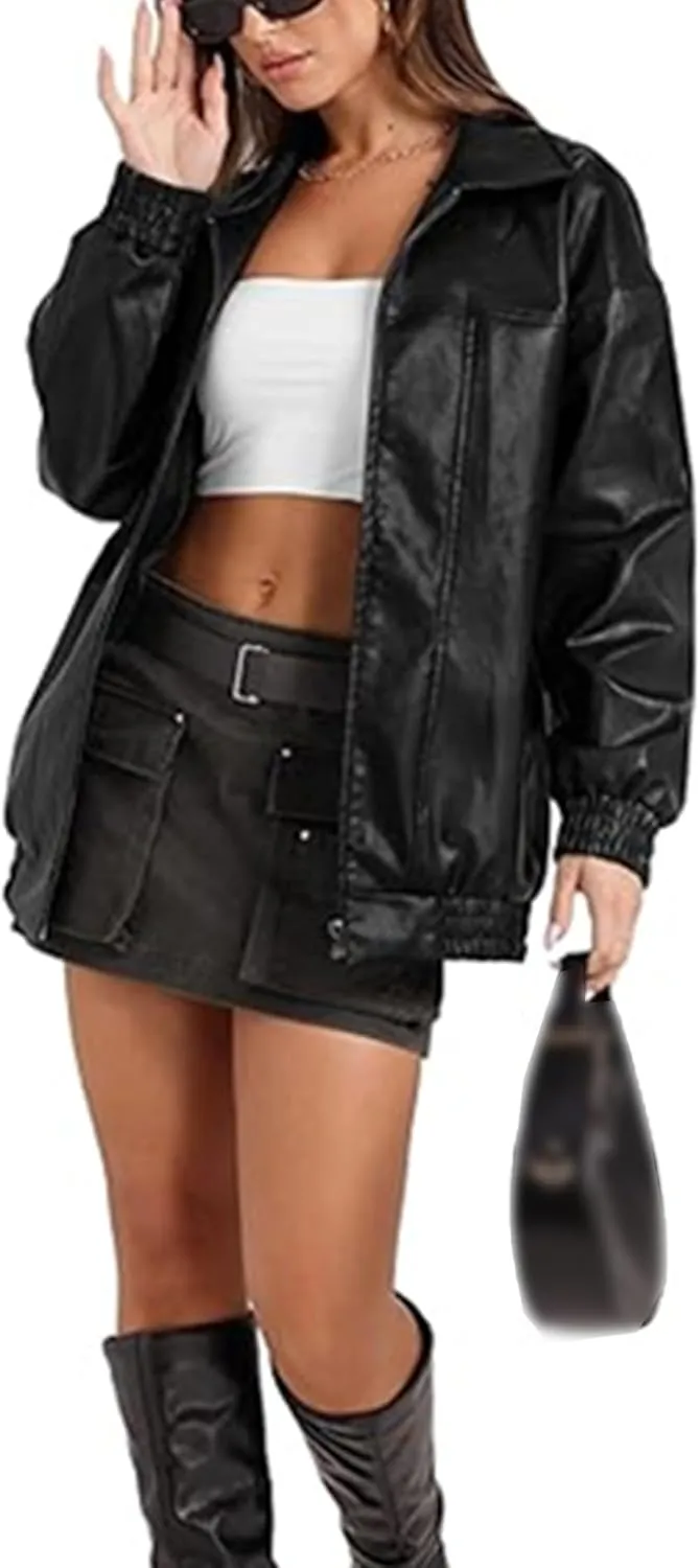 SOMTHRON Women's Oversized Leather Jackets Faux Casual Zip Up Fall Motorcycle Bomber Outfits Winter Fashion Clothes