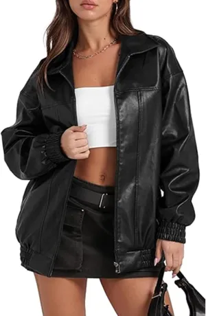 SOMTHRON Women's Oversized Leather Jackets Faux Casual Zip Up Fall Motorcycle Bomber Outfits Winter Fashion Clothes