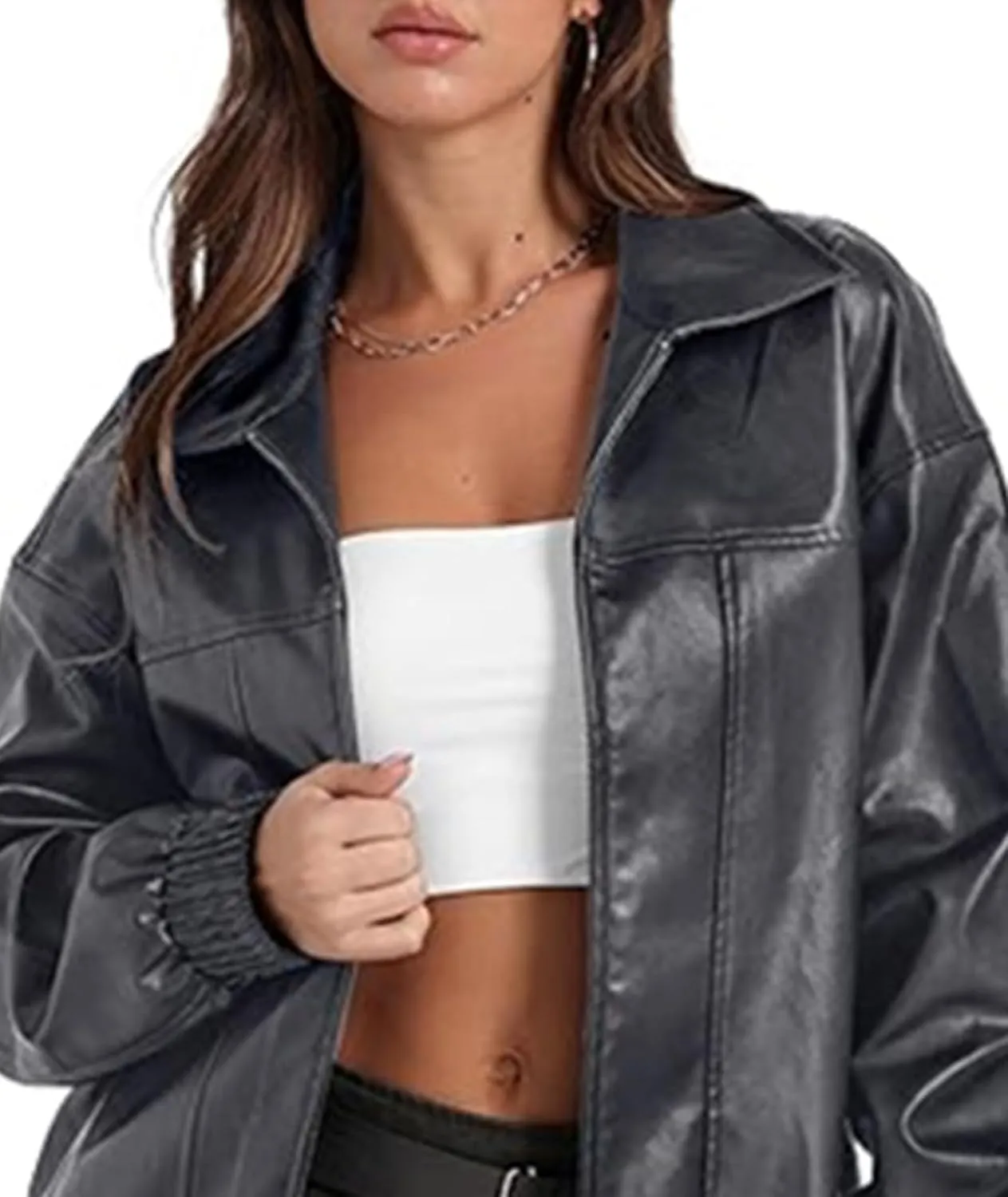 SOMTHRON Women's Oversized Leather Jackets Faux Casual Zip Up Fall Motorcycle Bomber Outfits Winter Fashion Clothes