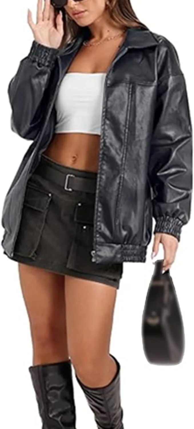 SOMTHRON Women's Oversized Leather Jackets Faux Casual Zip Up Fall Motorcycle Bomber Outfits Winter Fashion Clothes