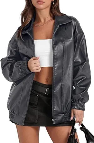 SOMTHRON Women's Oversized Leather Jackets Faux Casual Zip Up Fall Motorcycle Bomber Outfits Winter Fashion Clothes