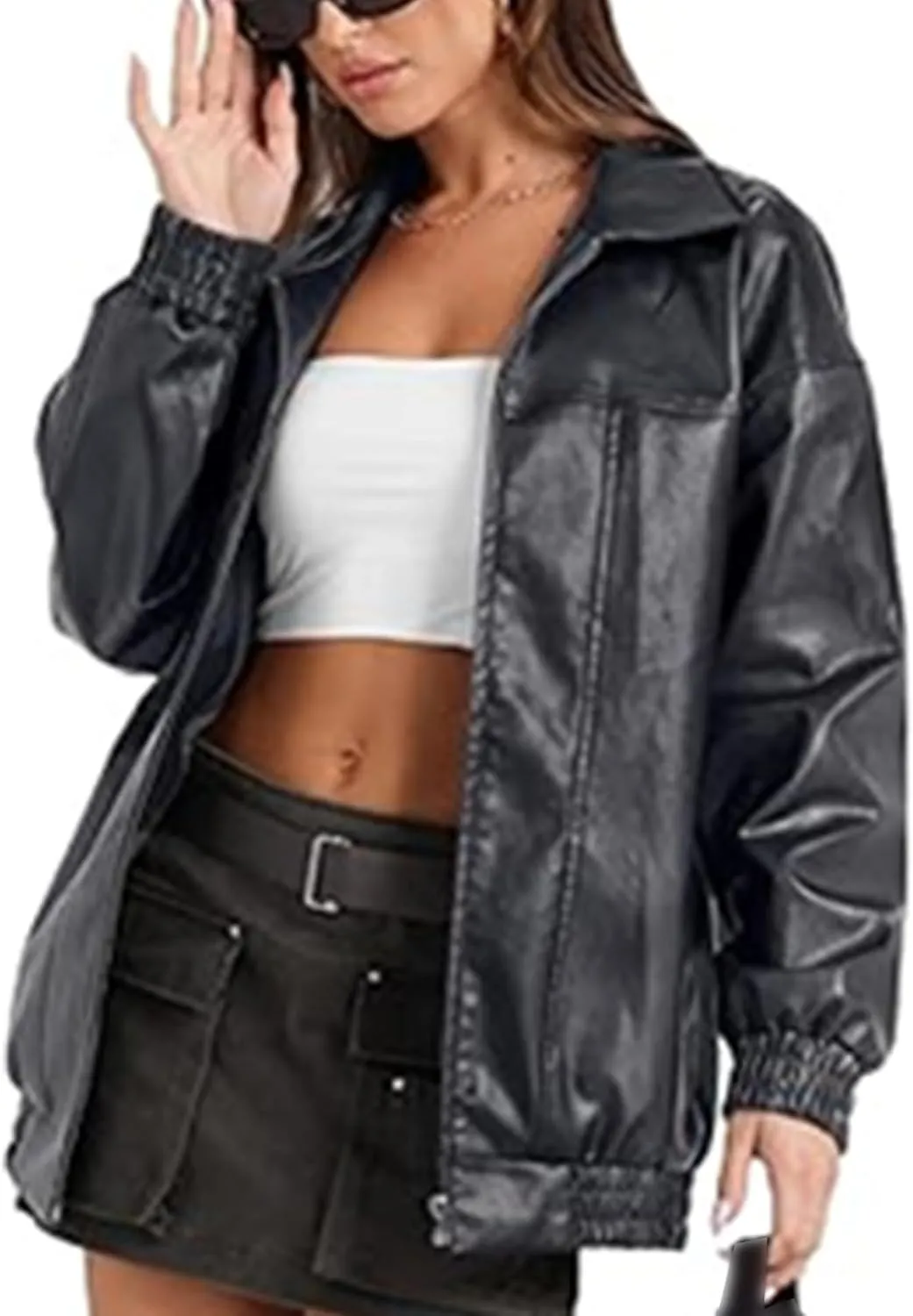 SOMTHRON Women's Oversized Leather Jackets Faux Casual Zip Up Fall Motorcycle Bomber Outfits Winter Fashion Clothes