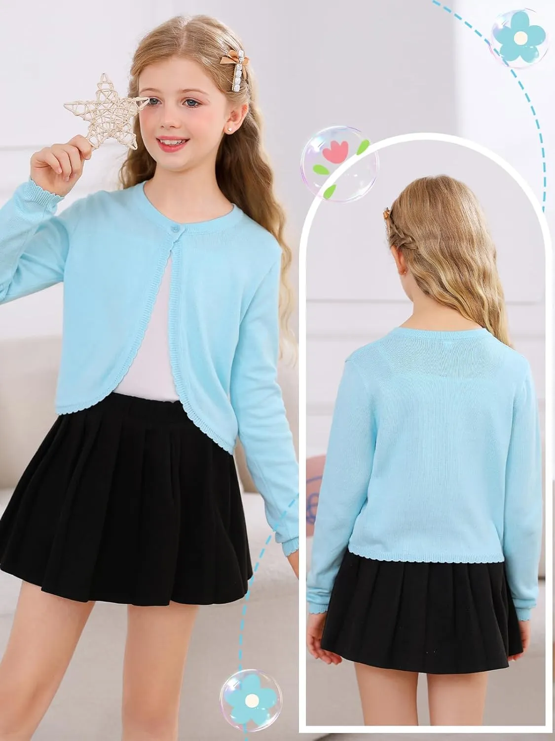 Soudittur Girls Cardigan Sweaters Cotton Long Sleeve Toddler Shrug Button Closure Knitted Dress Cover Up 3-12 Years
