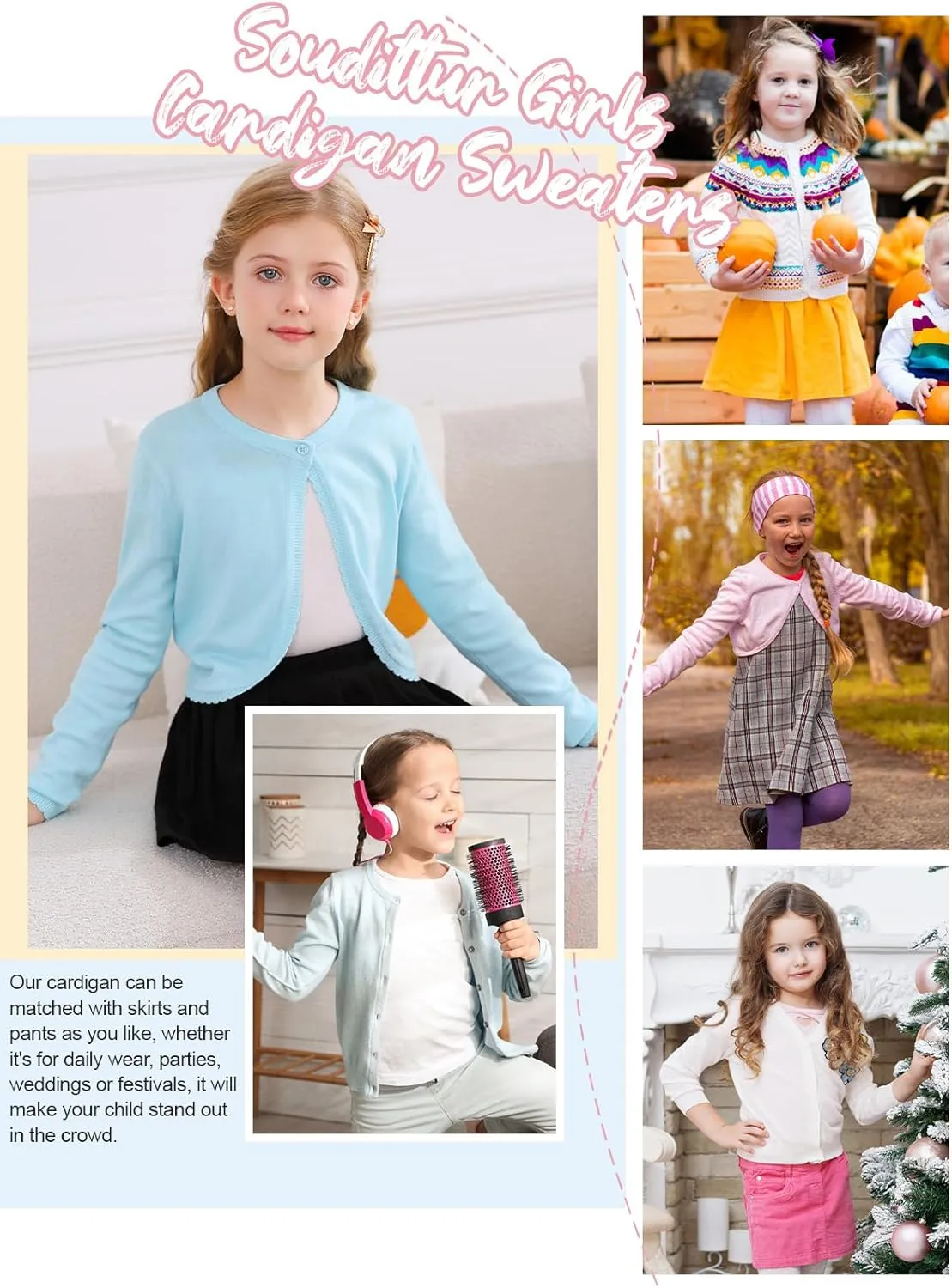 Soudittur Girls Cardigan Sweaters Cotton Long Sleeve Toddler Shrug Button Closure Knitted Dress Cover Up 3-12 Years