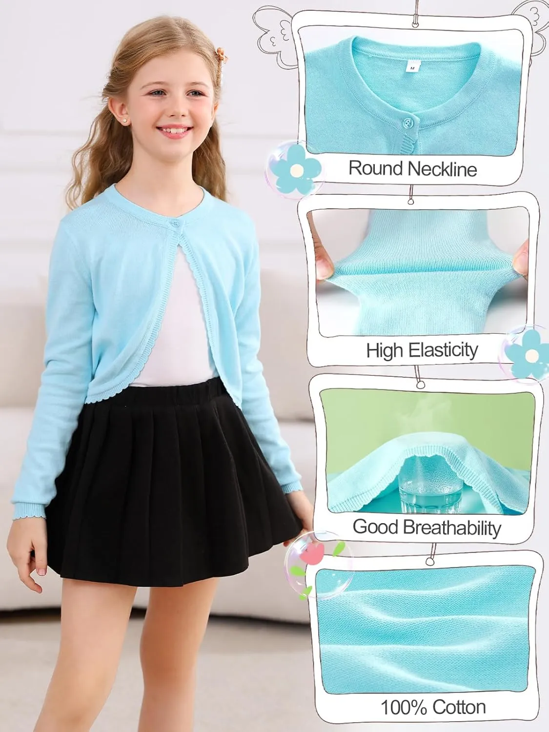 Soudittur Girls Cardigan Sweaters Cotton Long Sleeve Toddler Shrug Button Closure Knitted Dress Cover Up 3-12 Years