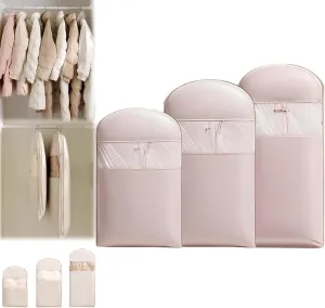 Space Saving Hanging Garment Bag with Self Compression Zipper, Space Saving Hanging Protector, Garment Bags for Hanging Clothes, Coats, Jackets, Down Coat,Shirts (3pcs Pink,Medium)